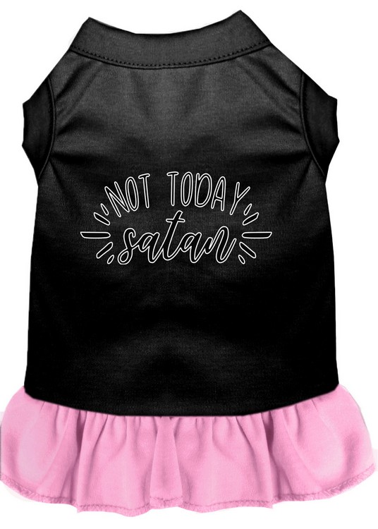 Not Today Satan Screen Print Dog Dress Black with Light Pink Med